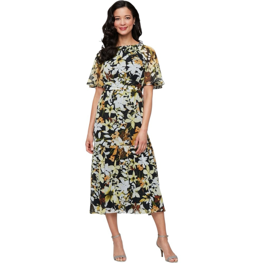 SLNY Chiffon Flutter Sleeve Midi Dress Black & Yellow Floral Size 14